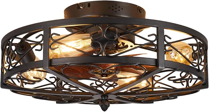 20" Caged Farmhouse Flush Mount Ceiling Fan with Light and Remote Control Bladeless Low Profile Ceiling Fans with Lights