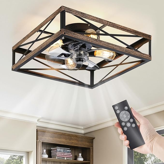 20” Caged Flush Mount Ceiling Fans with Lights and Remote, Rustic Square Low Profile Ceiling Fan, 6 Speed and Reversible