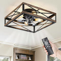 20” Caged Flush Mount Ceiling Fans with Lights and Remote, Rustic Square Low Profile Ceiling Fan, 6 Speed and Reversible