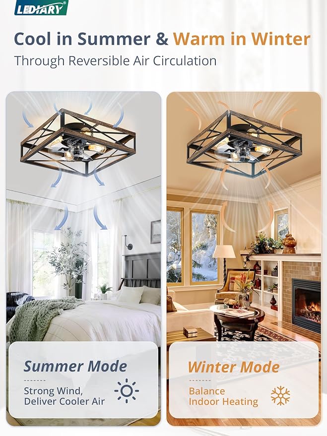20” Caged Flush Mount Ceiling Fans with Lights and Remote, Rustic Square Low Profile Ceiling Fan, 6 Speed and Reversible