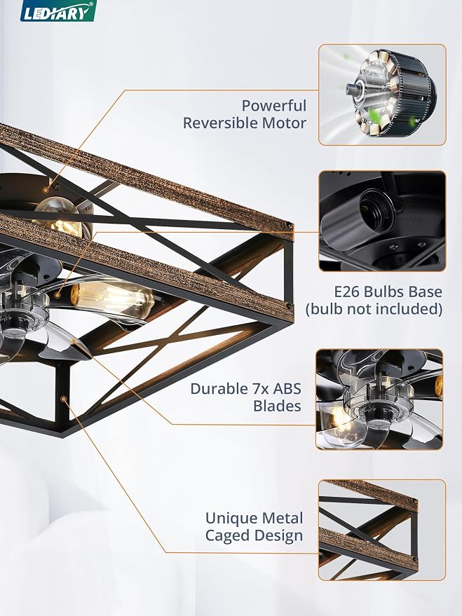 20” Caged Flush Mount Ceiling Fans with Lights and Remote, Rustic Square Low Profile Ceiling Fan, 6 Speed and Reversible