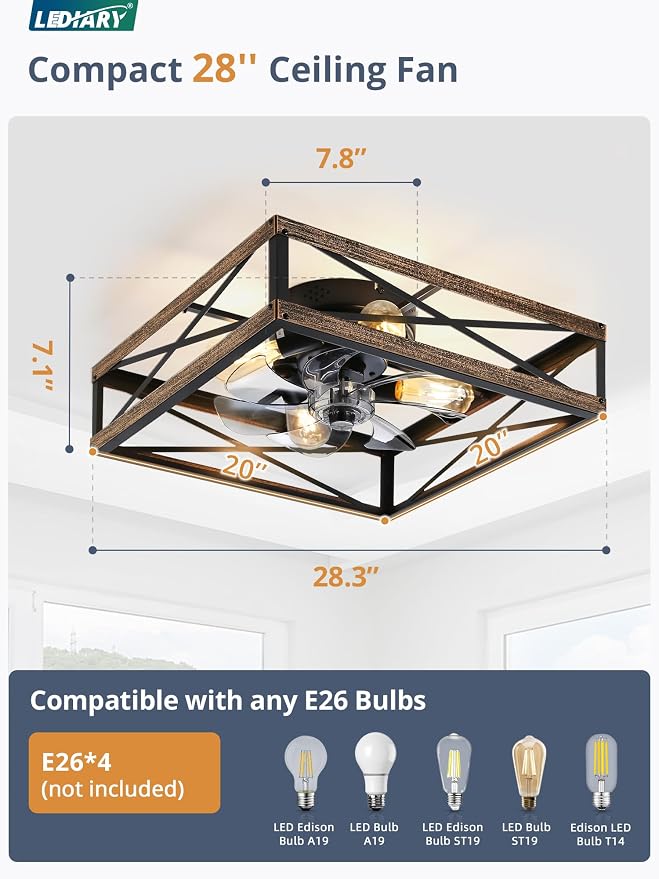 20” Caged Flush Mount Ceiling Fans with Lights and Remote, Rustic Square Low Profile Ceiling Fan, 6 Speed and Reversible