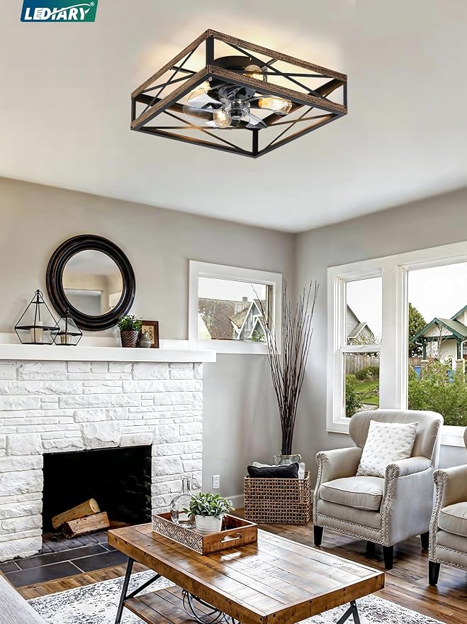 20” Caged Flush Mount Ceiling Fans with Lights and Remote, Rustic Square Low Profile Ceiling Fan, 6 Speed and Reversible