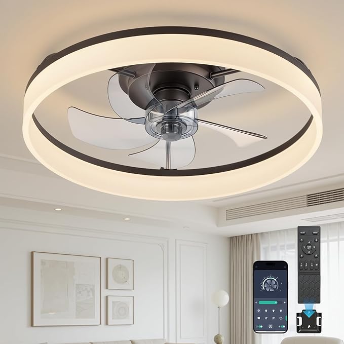 20'' Ceiling Fan with Light,Low Profile Flush Ceiling Fan, 6 Speeds, Dimmable LED, Remote Control, Quiet DC Motor, Bladeless
