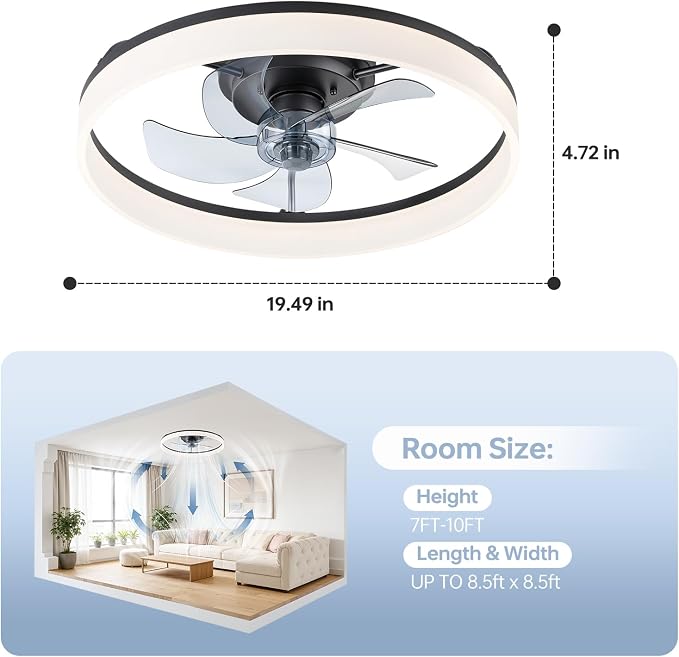 20'' Ceiling Fan with Light,Low Profile Flush Ceiling Fan, 6 Speeds, Dimmable LED, Remote Control, Quiet DC Motor, Bladeless