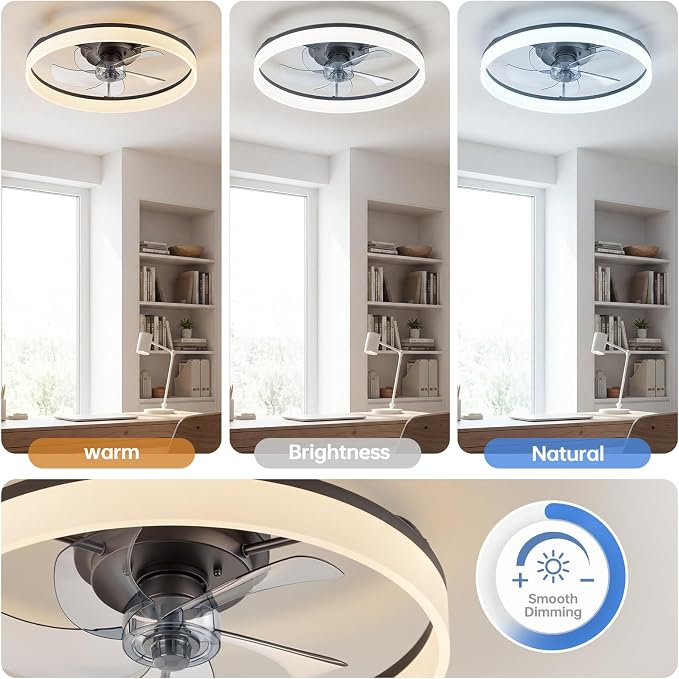 20'' Ceiling Fan with Light,Low Profile Flush Ceiling Fan, 6 Speeds, Dimmable LED, Remote Control, Quiet DC Motor, Bladeless