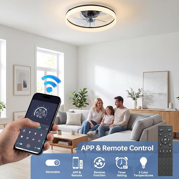 20'' Ceiling Fan with Light,Low Profile Flush Ceiling Fan, 6 Speeds, Dimmable LED, Remote Control, Quiet DC Motor, Bladeless