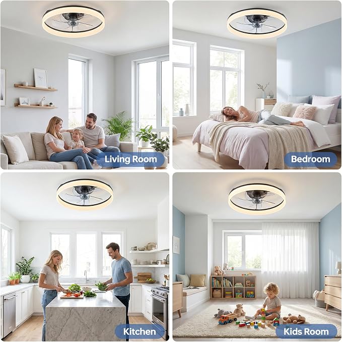 20'' Ceiling Fan with Light,Low Profile Flush Ceiling Fan, 6 Speeds, Dimmable LED, Remote Control, Quiet DC Motor, Bladeless