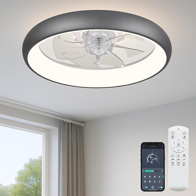 20'' Ceiling Fan with Light, Upgraded Low Profile Fan, Flush Mount Ceiling Fan, 6 Speeds, Dimmable LED, App & Remote Control