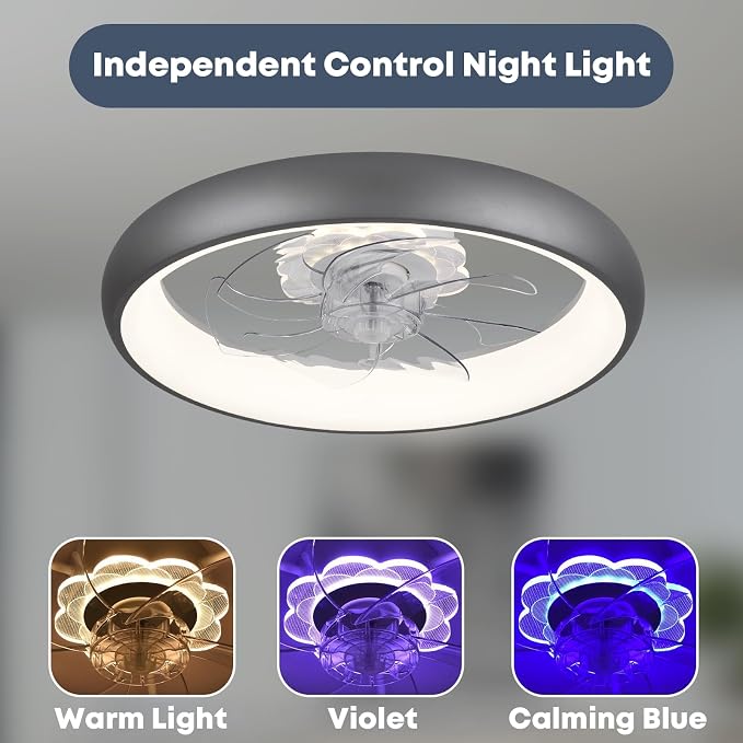 20'' Ceiling Fan with Light, Upgraded Low Profile Fan, Flush Mount Ceiling Fan, 6 Speeds, Dimmable LED, App & Remote Control
