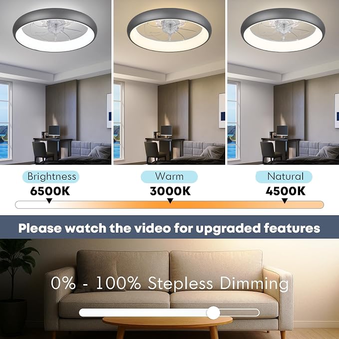 20'' Ceiling Fan with Light, Upgraded Low Profile Fan, Flush Mount Ceiling Fan, 6 Speeds, Dimmable LED, App & Remote Control
