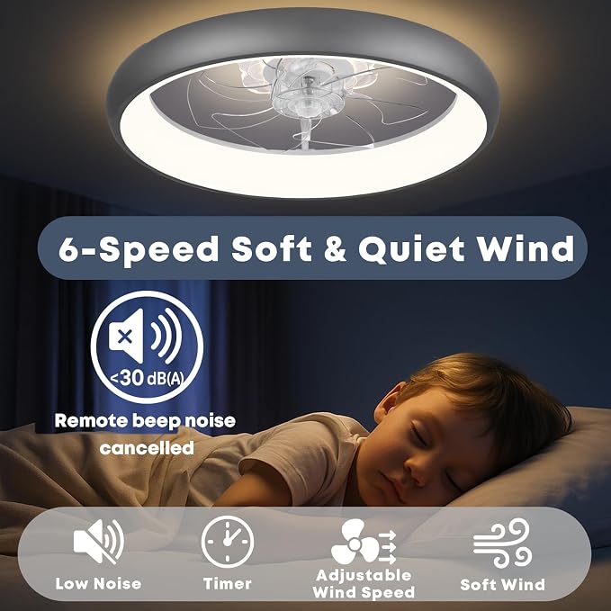 20'' Ceiling Fan with Light, Upgraded Low Profile Fan, Flush Mount Ceiling Fan, 6 Speeds, Dimmable LED, App & Remote Control