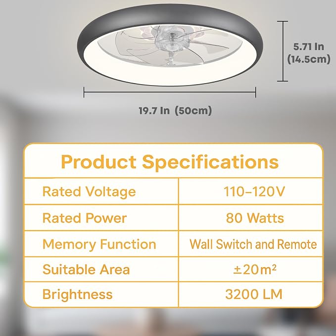 20'' Ceiling Fan with Light, Upgraded Low Profile Fan, Flush Mount Ceiling Fan, 6 Speeds, Dimmable LED, App & Remote Control