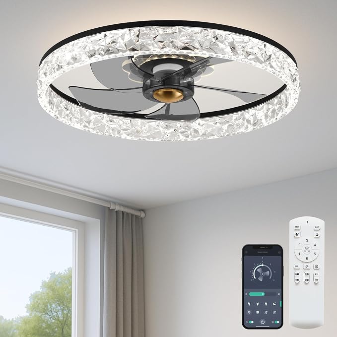 20'' Ceiling Fan with Light, Upgraded Low Profile Fan, Flush Mount Ceiling Fan, 6 Speeds, Dimmable LED, App & Remote Control