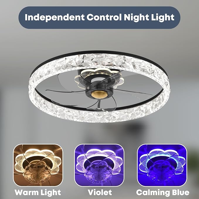 20'' Ceiling Fan with Light, Upgraded Low Profile Fan, Flush Mount Ceiling Fan, 6 Speeds, Dimmable LED, App & Remote Control