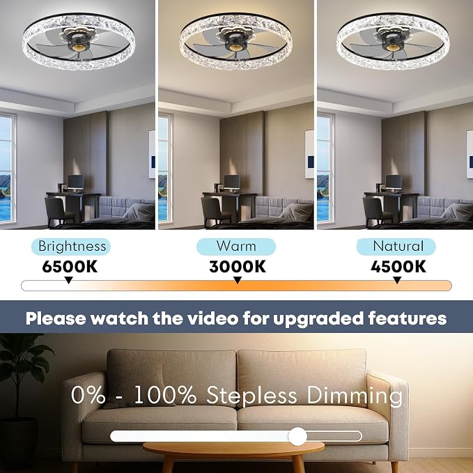 20'' Ceiling Fan with Light, Upgraded Low Profile Fan, Flush Mount Ceiling Fan, 6 Speeds, Dimmable LED, App & Remote Control
