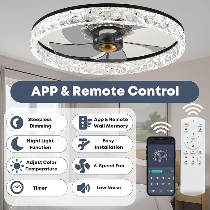 20'' Ceiling Fan with Light, Upgraded Low Profile Fan, Flush Mount Ceiling Fan, 6 Speeds, Dimmable LED, App & Remote Control