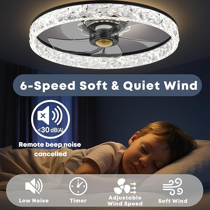 20'' Ceiling Fan with Light, Upgraded Low Profile Fan, Flush Mount Ceiling Fan, 6 Speeds, Dimmable LED, App & Remote Control