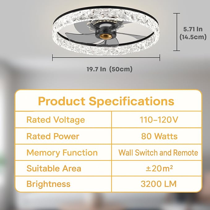 20'' Ceiling Fan with Light, Upgraded Low Profile Fan, Flush Mount Ceiling Fan, 6 Speeds, Dimmable LED, App & Remote Control