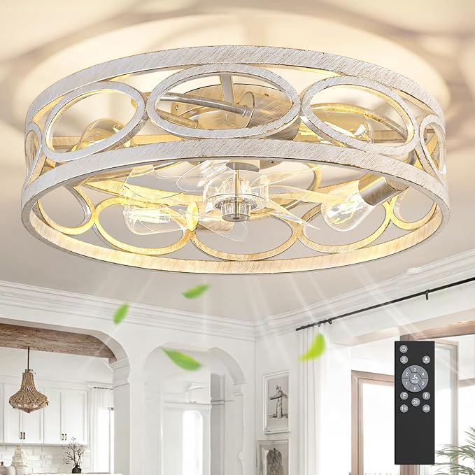 20" Ceiling Fans with Lights and Remote, 6 Wind Speeds 3 Timing Quiet Flush Mount Low Profile Caged Ceiling Fan for Bedroom