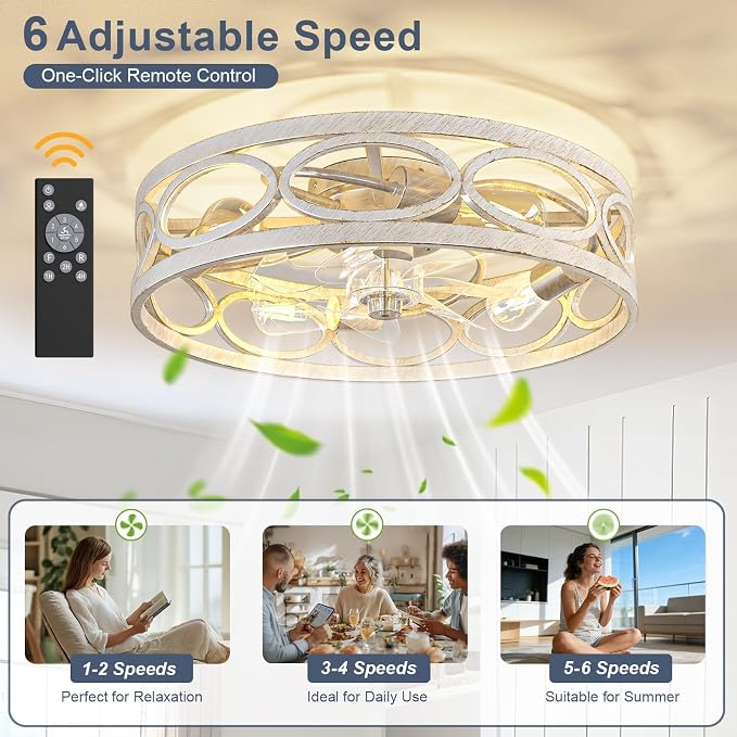 20" Ceiling Fans with Lights and Remote, 6 Wind Speeds 3 Timing Quiet Flush Mount Low Profile Caged Ceiling Fan for Bedroom