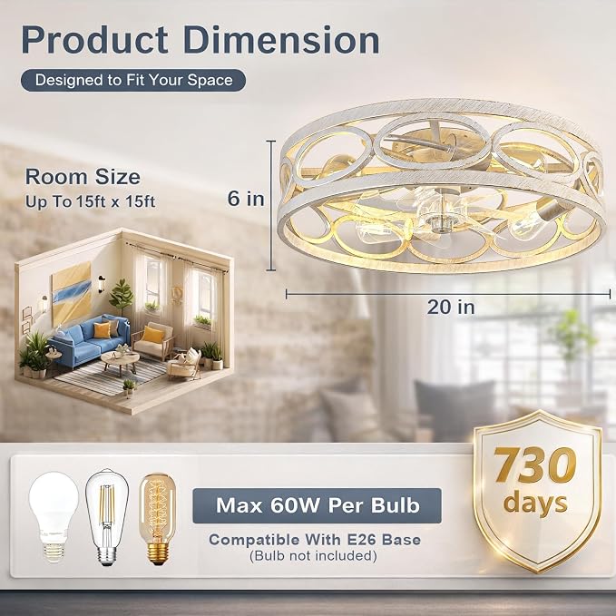 20" Ceiling Fans with Lights and Remote, 6 Wind Speeds 3 Timing Quiet Flush Mount Low Profile Caged Ceiling Fan for Bedroom