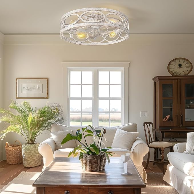 20" Ceiling Fans with Lights and Remote, 6 Wind Speeds 3 Timing Quiet Flush Mount Low Profile Caged Ceiling Fan for Bedroom