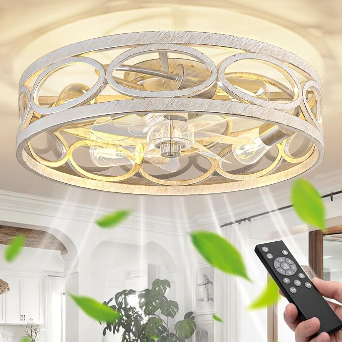 20" Ceiling Fans with Lights and Remote, 6 Wind Speeds 3 Timing Quiet Flush Mount Low Profile Caged Ceiling Fan for Bedroom