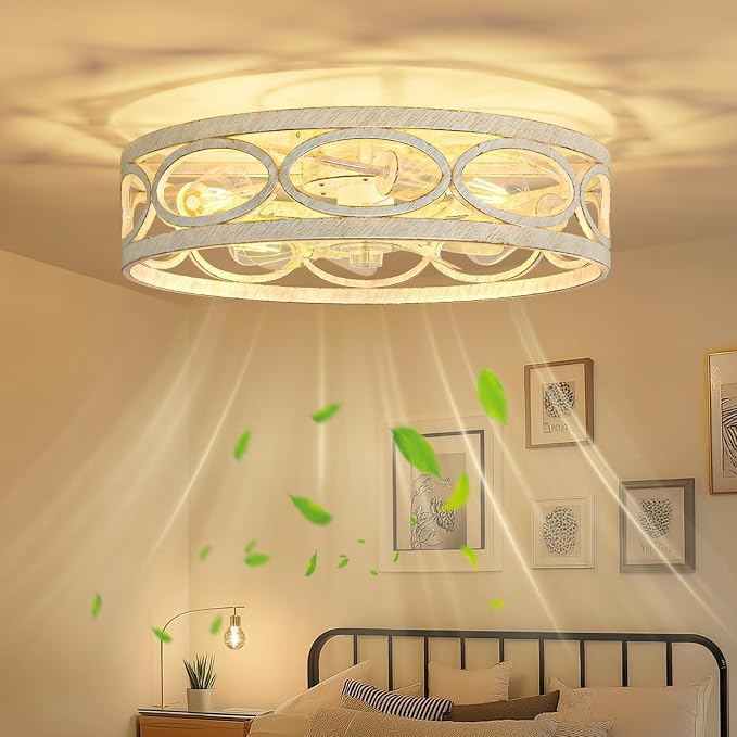 20" Ceiling Fans with Lights and Remote, 6 Wind Speeds 3 Timing Quiet Flush Mount Low Profile Caged Ceiling Fan for Bedroom