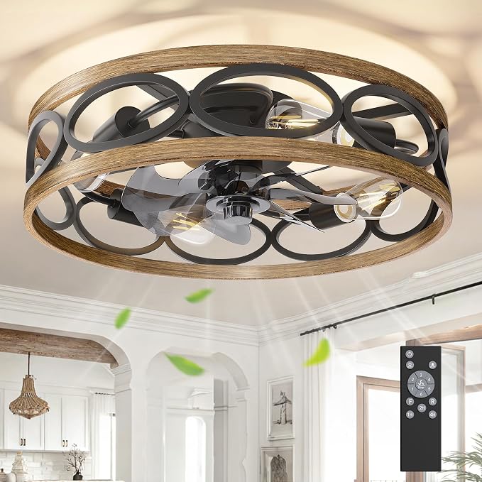 20" Ceiling Fans with Lights and Remote, 6 Wind Speeds 3 Timing Quiet Flush Mount Low Profile Caged Ceiling Fan for Bedroom