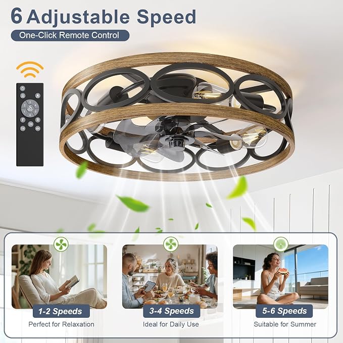 20" Ceiling Fans with Lights and Remote, 6 Wind Speeds 3 Timing Quiet Flush Mount Low Profile Caged Ceiling Fan for Bedroom