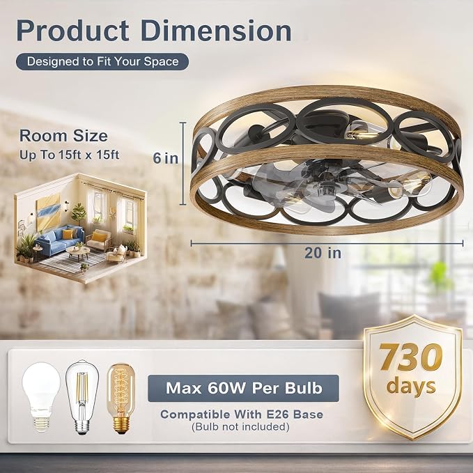20" Ceiling Fans with Lights and Remote, 6 Wind Speeds 3 Timing Quiet Flush Mount Low Profile Caged Ceiling Fan for Bedroom