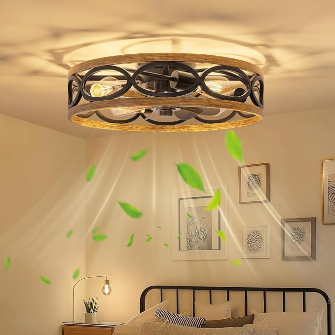 20" Ceiling Fans with Lights and Remote, 6 Wind Speeds 3 Timing Quiet Flush Mount Low Profile Caged Ceiling Fan for Bedroom