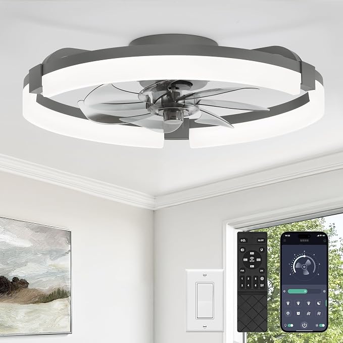 20" Ceiling Fans with Lights and Remote, Modern Low Profile Ceiling Fan, 3 CCT, Stepless Dimmable, Fandelier Flush Mount Fan