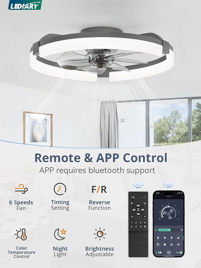 20" Ceiling Fans with Lights and Remote, Modern Low Profile Ceiling Fan, 3 CCT, Stepless Dimmable, Fandelier Flush Mount Fan