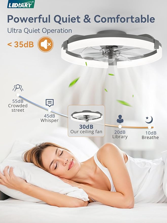 20" Ceiling Fans with Lights and Remote, Modern Low Profile Ceiling Fan, 3 CCT, Stepless Dimmable, Fandelier Flush Mount Fan