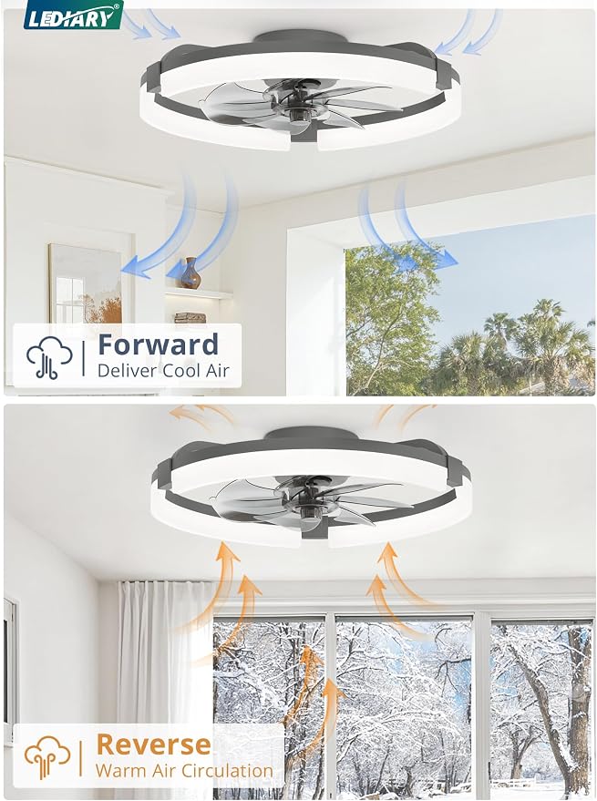 20" Ceiling Fans with Lights and Remote, Modern Low Profile Ceiling Fan, 3 CCT, Stepless Dimmable, Fandelier Flush Mount Fan