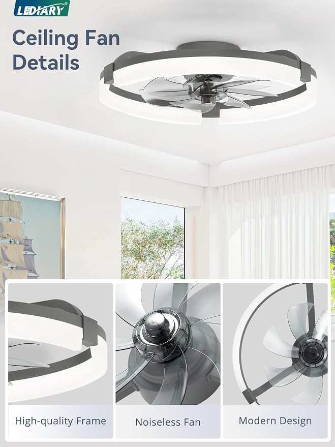 20" Ceiling Fans with Lights and Remote, Modern Low Profile Ceiling Fan, 3 CCT, Stepless Dimmable, Fandelier Flush Mount Fan