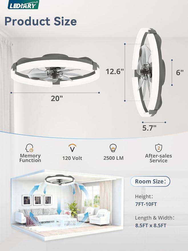 20" Ceiling Fans with Lights and Remote, Modern Low Profile Ceiling Fan, 3 CCT, Stepless Dimmable, Fandelier Flush Mount Fan