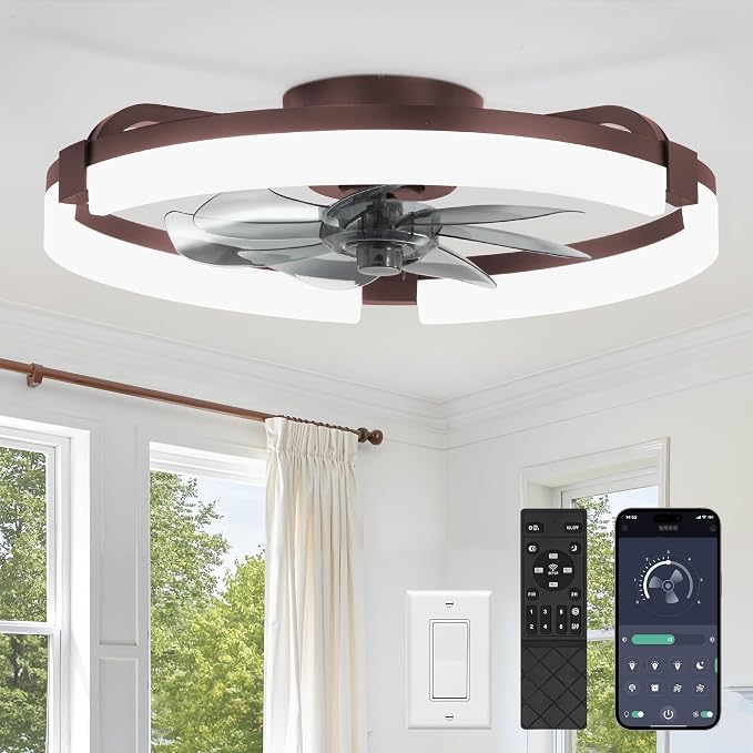 20" Ceiling Fans with Lights and Remote, Modern Low Profile Ceiling Fan, 3 CCT, Stepless Dimmable, Fandelier Flush Mount Fan