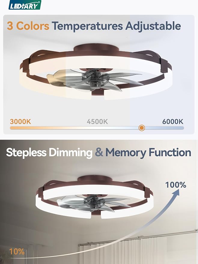 20" Ceiling Fans with Lights and Remote, Modern Low Profile Ceiling Fan, 3 CCT, Stepless Dimmable, Fandelier Flush Mount Fan