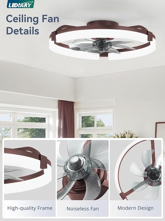 20" Ceiling Fans with Lights and Remote, Modern Low Profile Ceiling Fan, 3 CCT, Stepless Dimmable, Fandelier Flush Mount Fan