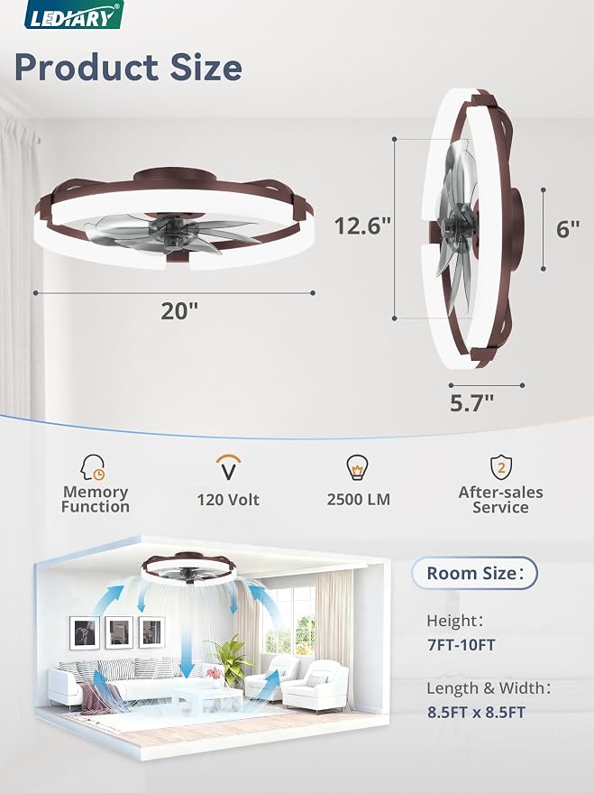 20" Ceiling Fans with Lights and Remote, Modern Low Profile Ceiling Fan, 3 CCT, Stepless Dimmable, Fandelier Flush Mount Fan