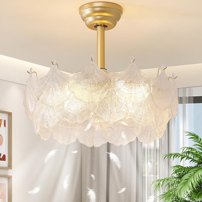 20'' Fandelier Ceiling Fans with Lights, Gold Caged Ceiling Fan with Remote Low Profile, 6 Speed and Gingko Leaf, Modern Semi