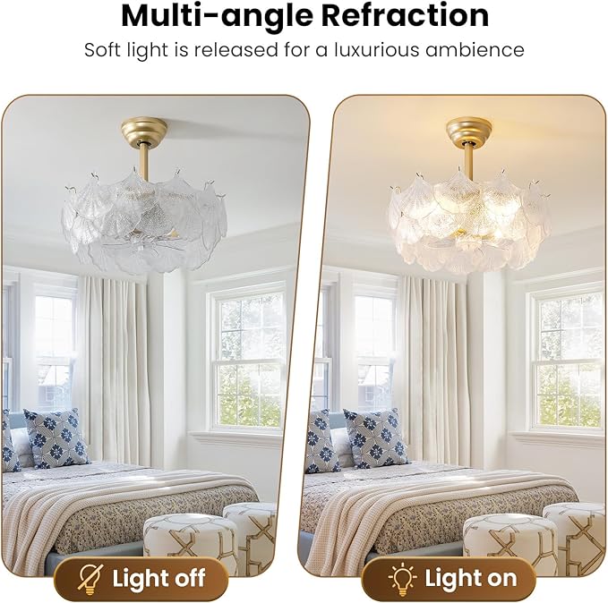 20'' Fandelier Ceiling Fans with Lights, Gold Caged Ceiling Fan with Remote Low Profile, 6 Speed and Gingko Leaf, Modern Semi