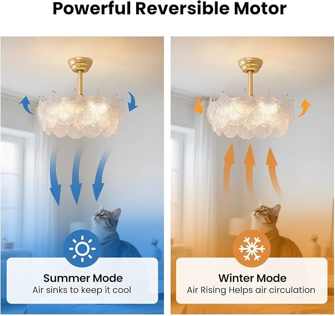 20'' Fandelier Ceiling Fans with Lights, Gold Caged Ceiling Fan with Remote Low Profile, 6 Speed and Gingko Leaf, Modern Semi