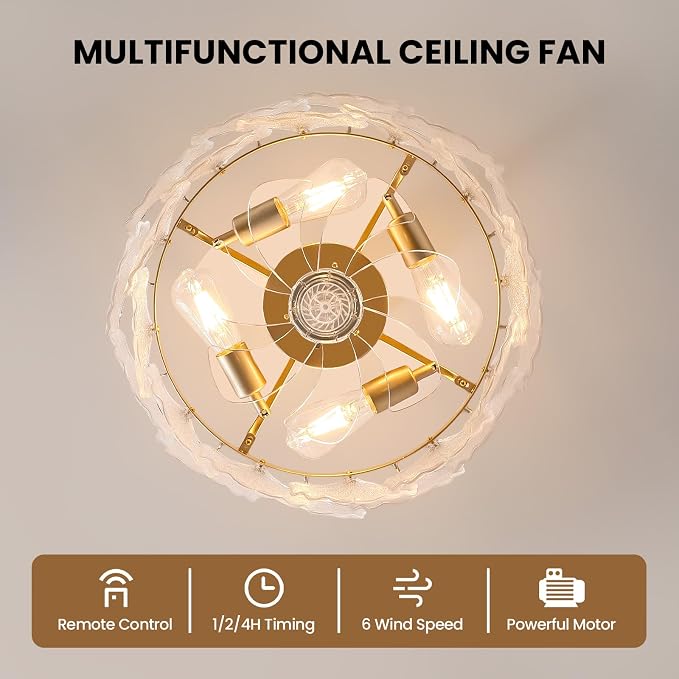 20'' Fandelier Ceiling Fans with Lights, Gold Caged Ceiling Fan with Remote Low Profile, 6 Speed and Gingko Leaf, Modern Semi