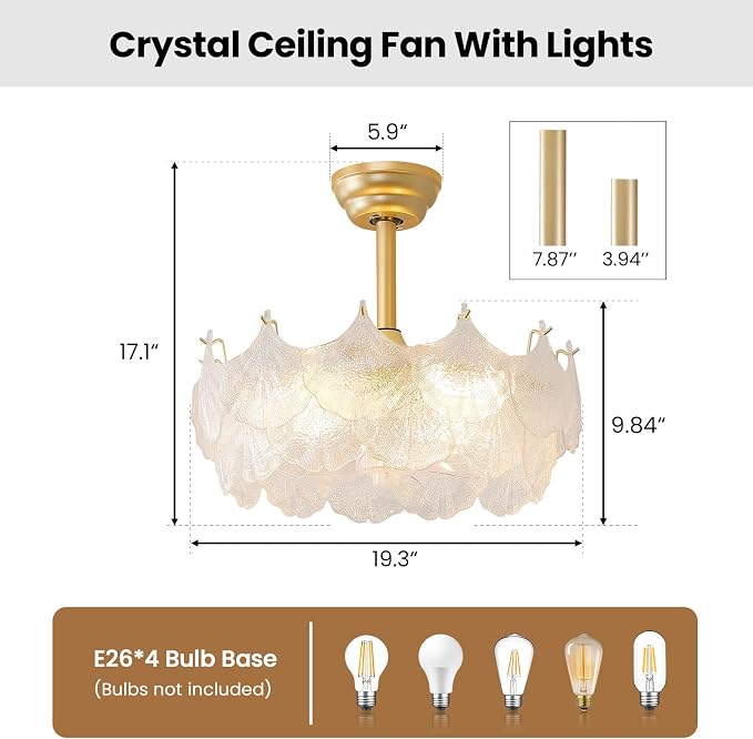 20'' Fandelier Ceiling Fans with Lights, Gold Caged Ceiling Fan with Remote Low Profile, 6 Speed and Gingko Leaf, Modern Semi
