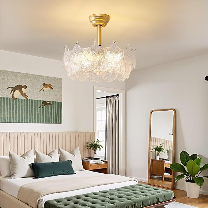 20'' Fandelier Ceiling Fans with Lights, Gold Caged Ceiling Fan with Remote Low Profile, 6 Speed and Gingko Leaf, Modern Semi