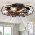 20" Farmhouse Caged Ceiling Fan with Light Flush Mount, Rustic Low Profile Ceiling Fans with Lights and Remote, Small